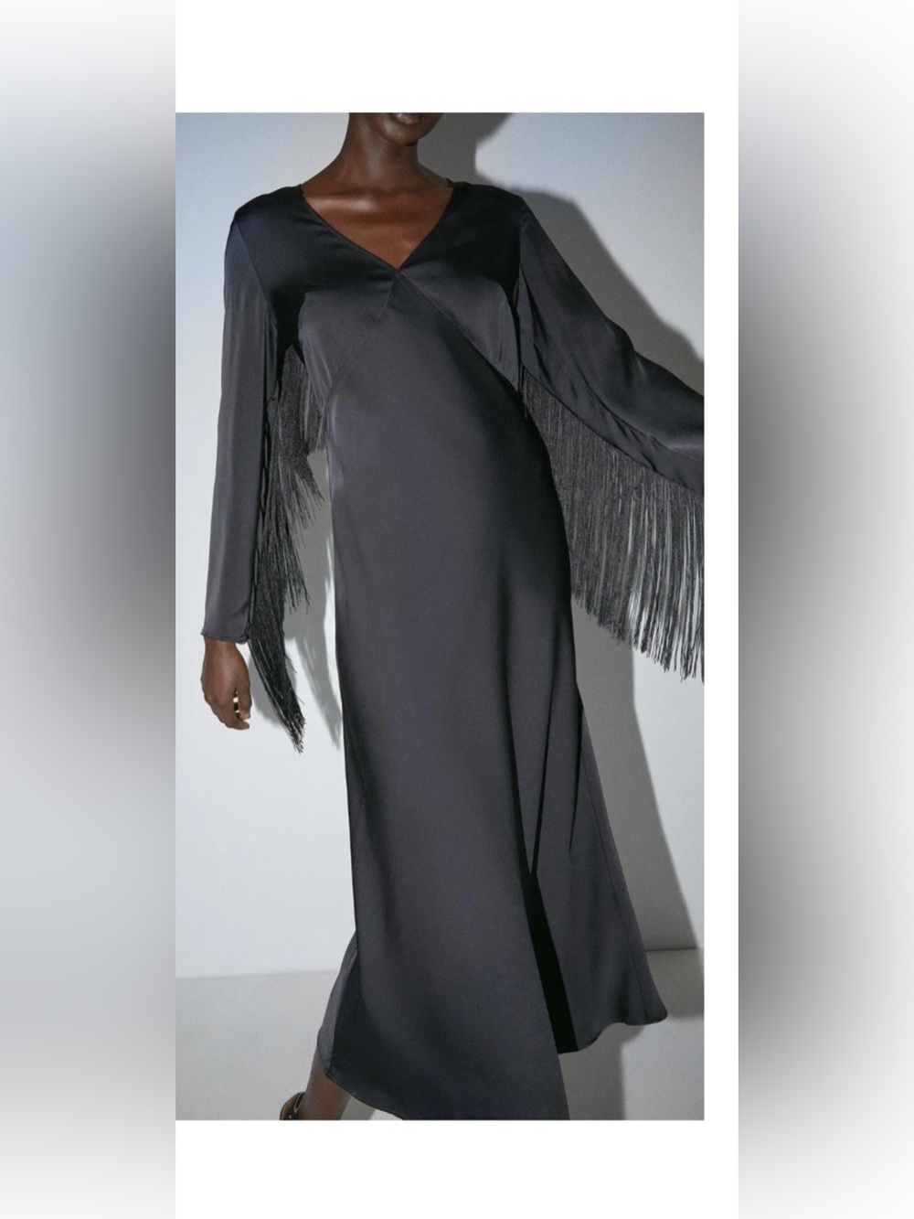 Warehouse Black Long Sleeve Fringe Midi woven Dress
